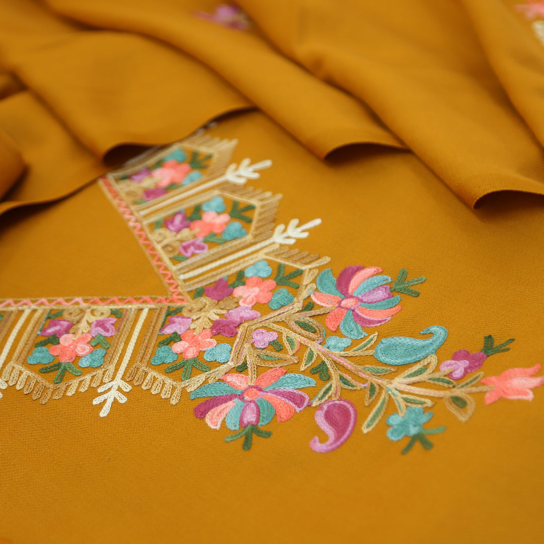 Aastha Dandelion Yellow Elegant Kashida Embroidery Semi Pashmina Winter Set