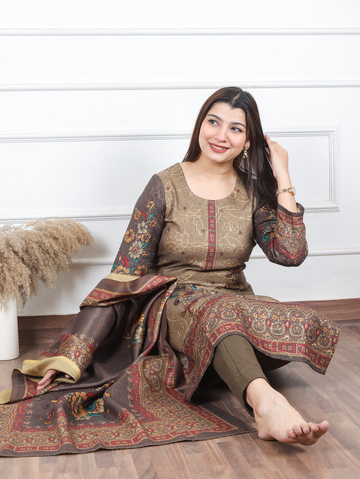 Alisha Hazel Tan Digital Floral Printed with Thread Weaved Semi Pashmina 3 Piece Set