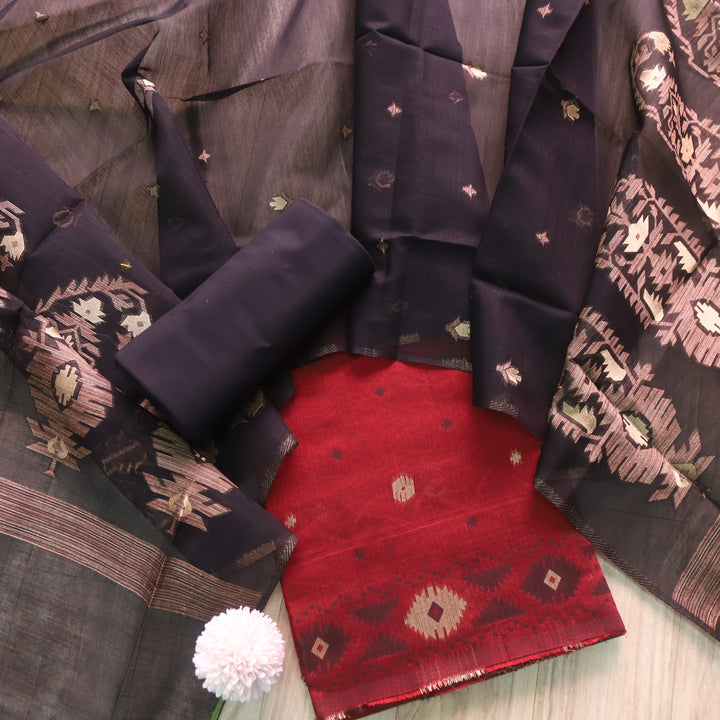 Khayal Bride Red in Zari with Authentic Jamdani Top and Dupatta Suit Set