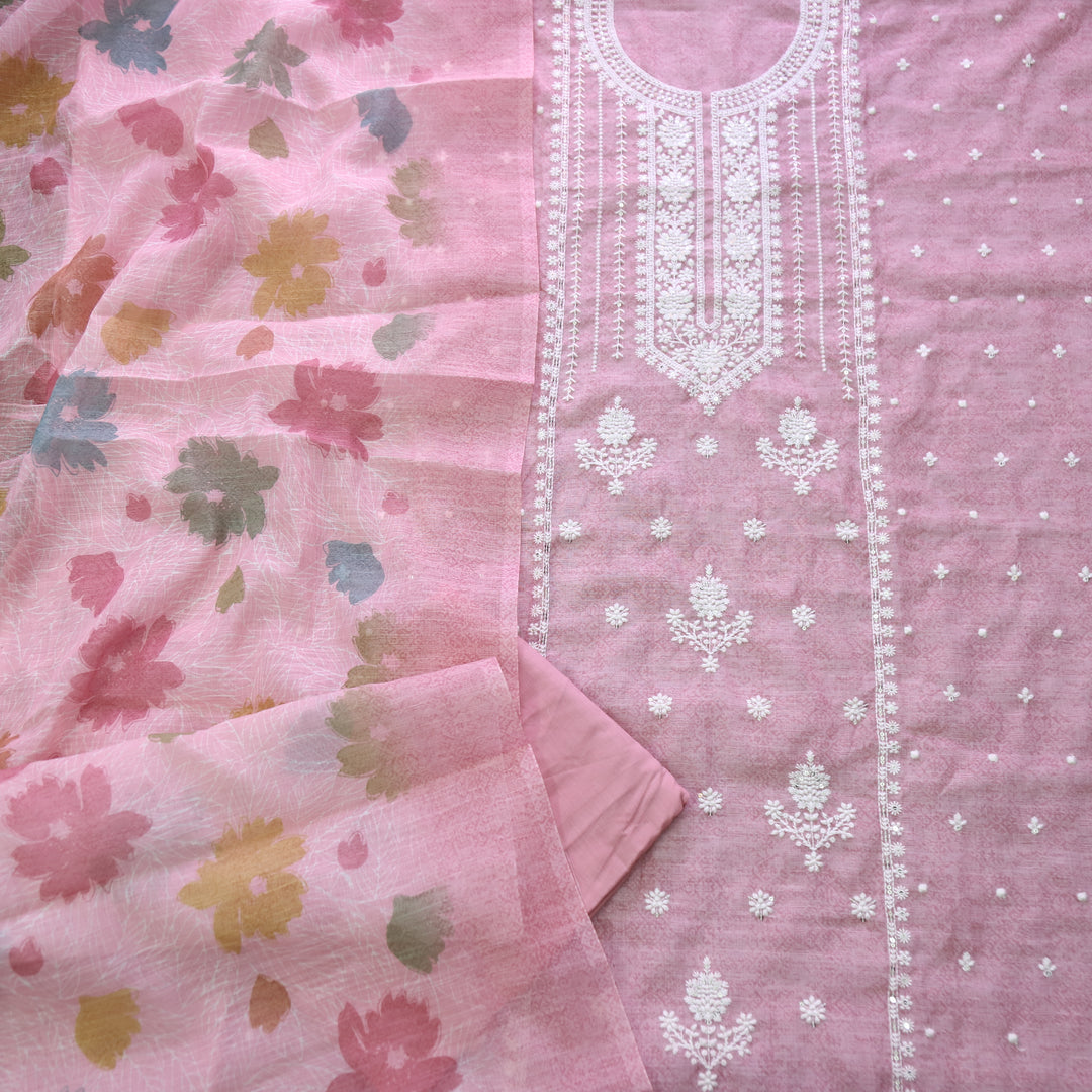 Farista Candy Pink Thread Embroidered Neck Work Printed Cotton Linen Set