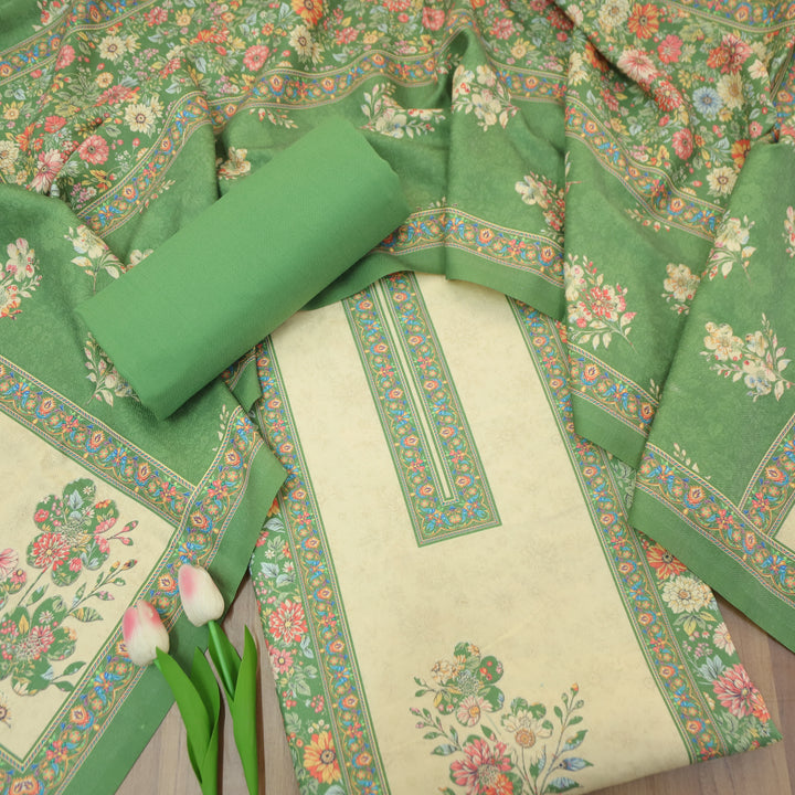 Mayuri Leaf Green Panel Style Kashmiri Printed Semi Pashmina Winter Set