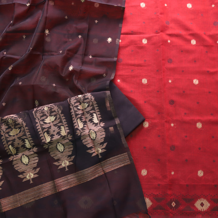 Khayal Bride Red in Zari with Authentic Jamdani Top and Dupatta Suit Set