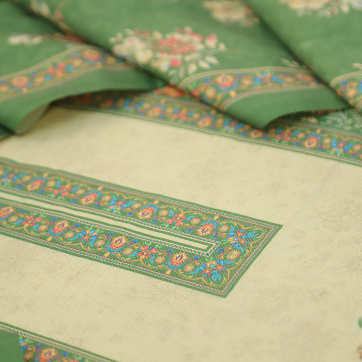 Mayuri Leaf Green Panel Style Kashmiri Printed Semi Pashmina Winter Set