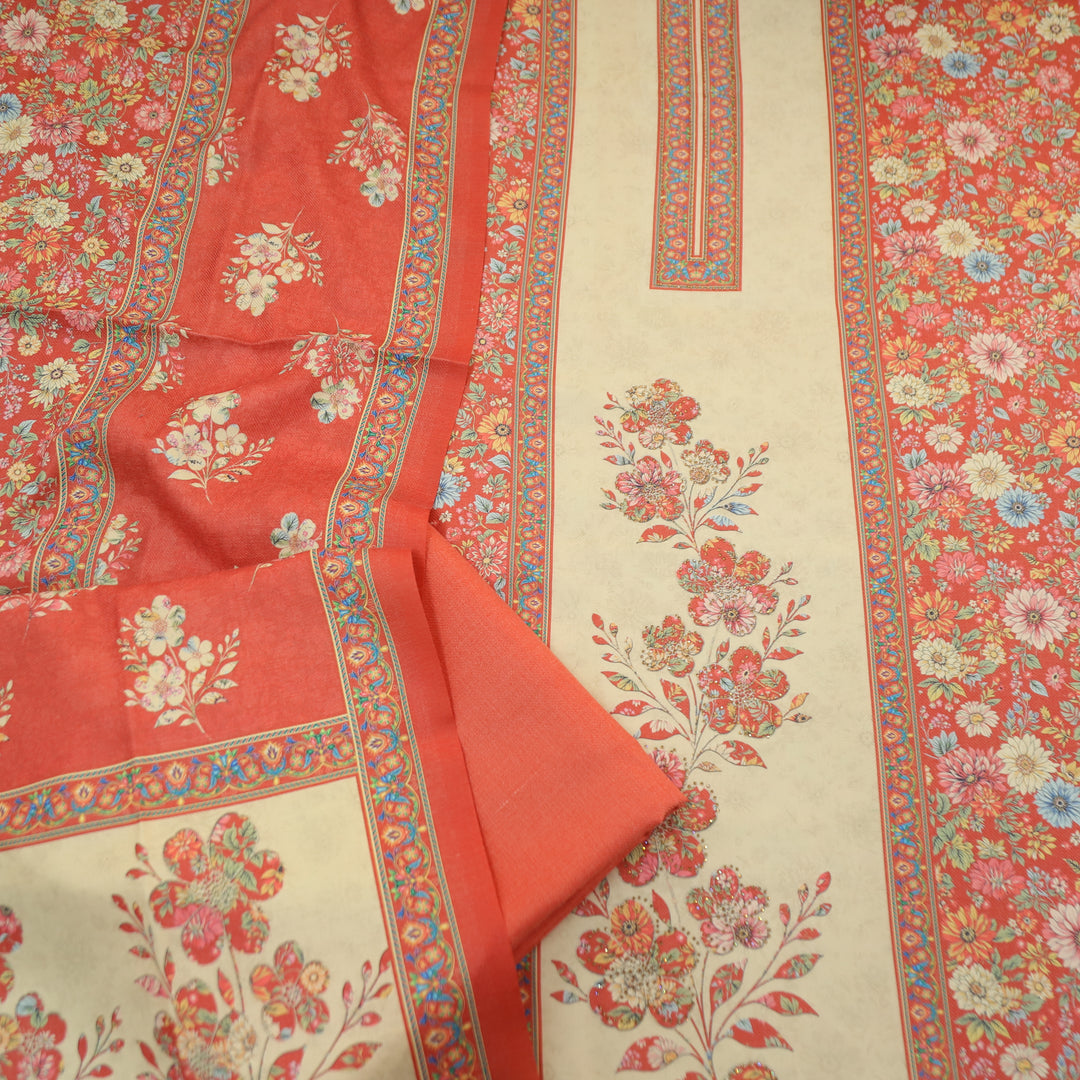 Mayuri Pumpkim Peach Panel Style Kashmiri Printed Semi Pashmina Winter Set