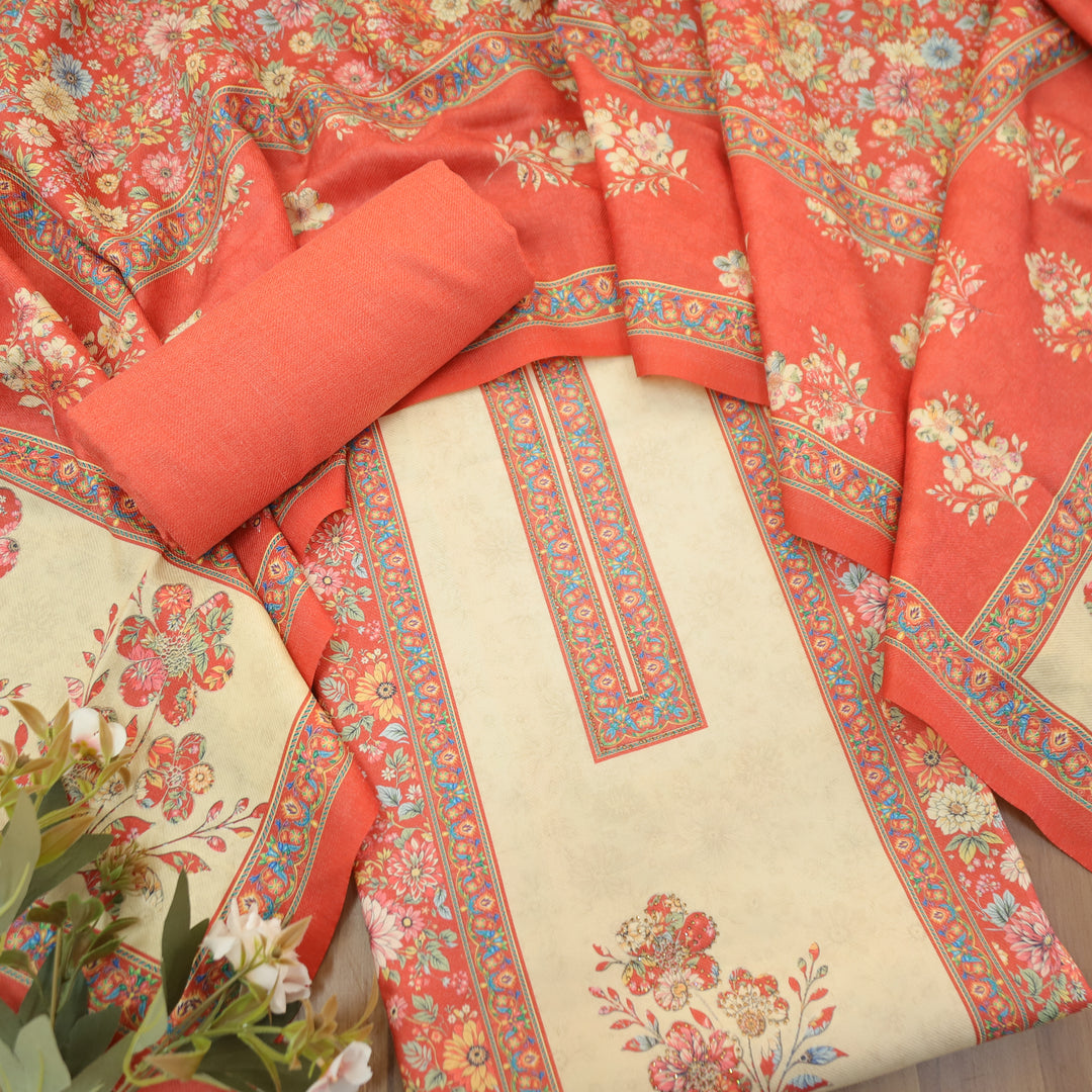 Mayuri Pumpkim Peach Panel Style Kashmiri Printed Semi Pashmina Winter Set