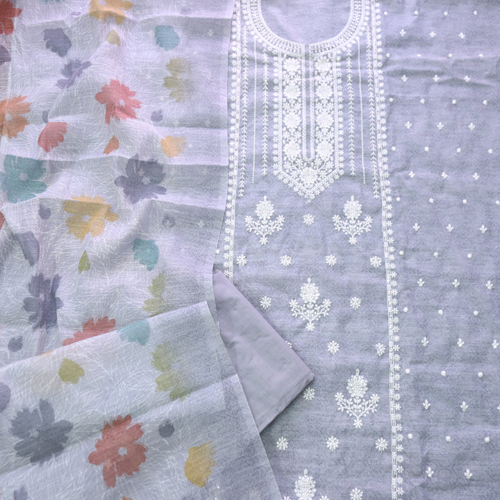 Farista Sky Grey Thread Embroidered Neck Work Printed Cotton Linen Set