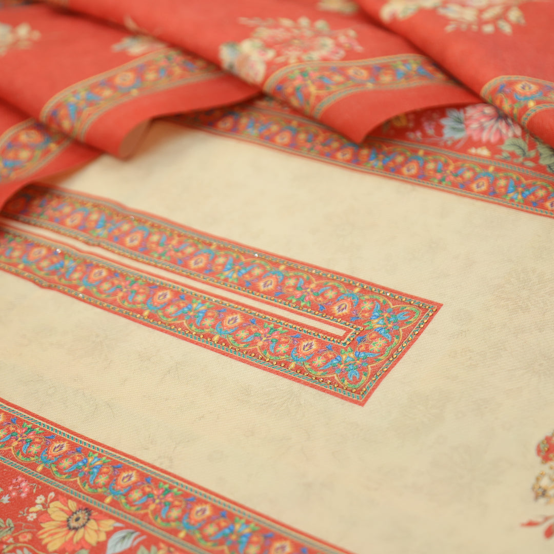 Mayuri Pumpkim Peach Panel Style Kashmiri Printed Semi Pashmina Winter Set
