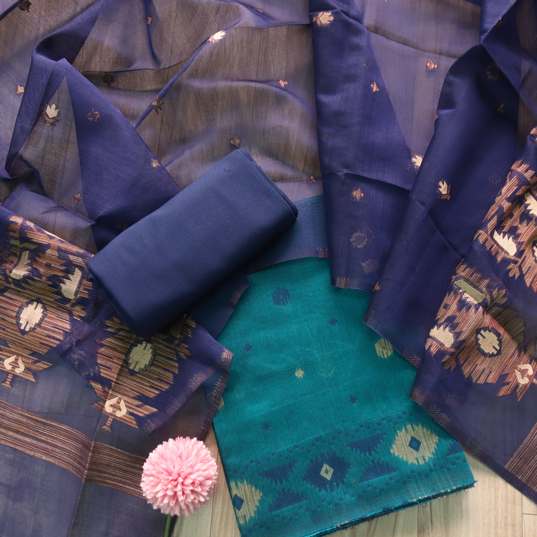 Khayal Cyan Teal Zari with Authentic Jamdani Top and Dupatta Suit Set