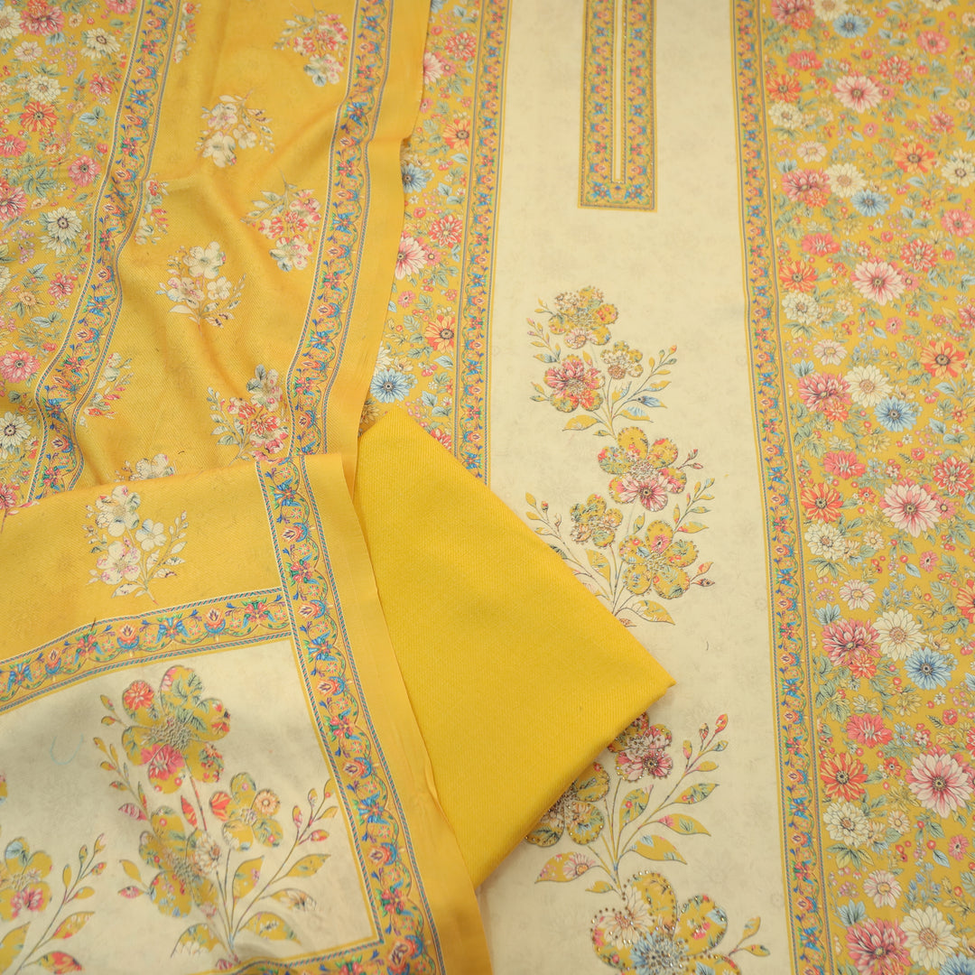 Mayuri Sunflower Yellow Panel Style Kashmiri Printed Semi Pashmina Winter Set