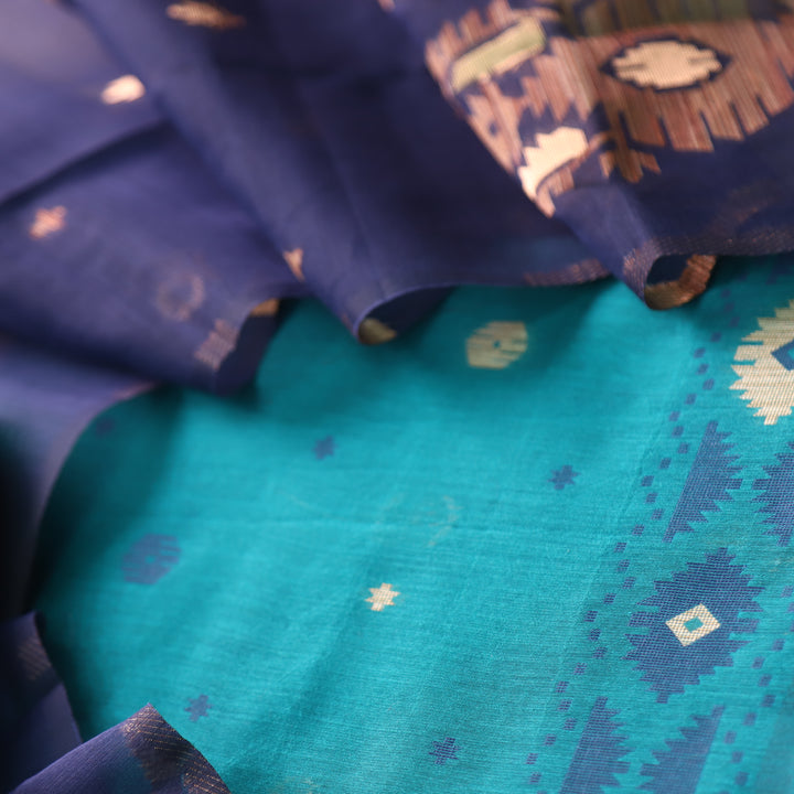 Khayal Cyan Teal Zari with Authentic Jamdani Top and Dupatta Suit Set