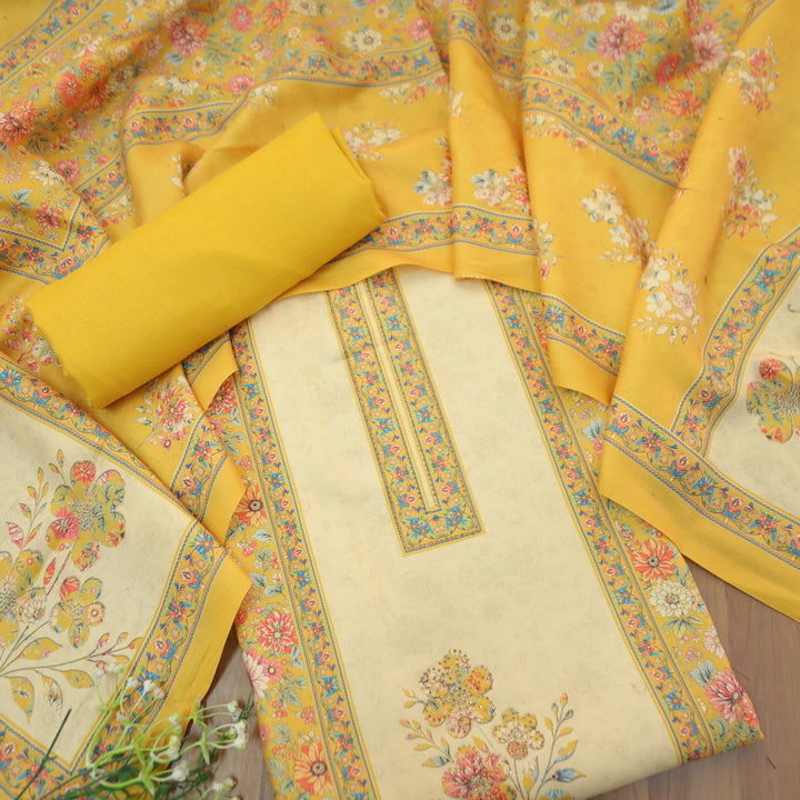 Mayuri Sunflower Yellow Panel Style Kashmiri Printed Semi Pashmina Winter Set