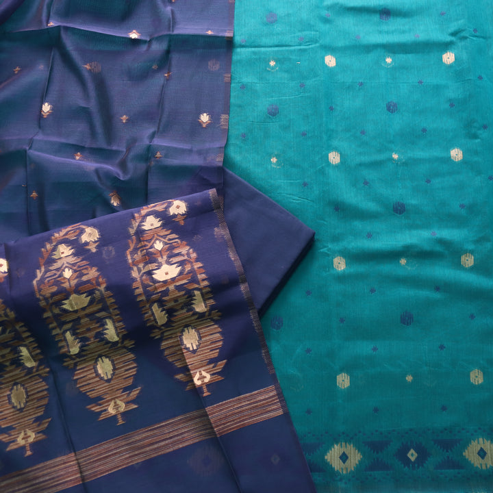 Khayal Cyan Teal Zari with Authentic Jamdani Top and Dupatta Suit Set