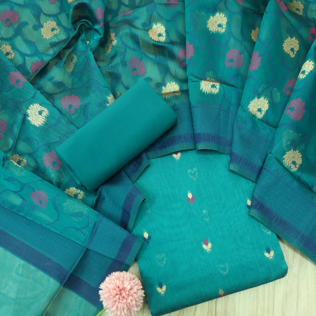 Dariya Cyan Teal Zari with Authentic Jamdani Weaved Buti Work Suit Set