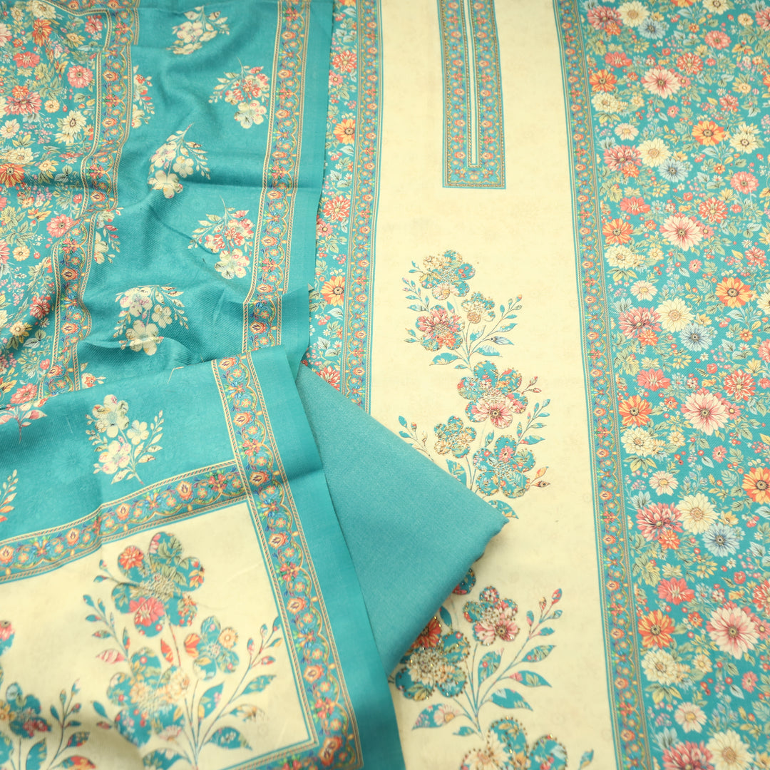 Mayuri Aqua Blue Panel Style Kashmiri Printed Semi Pashmina Winter Set