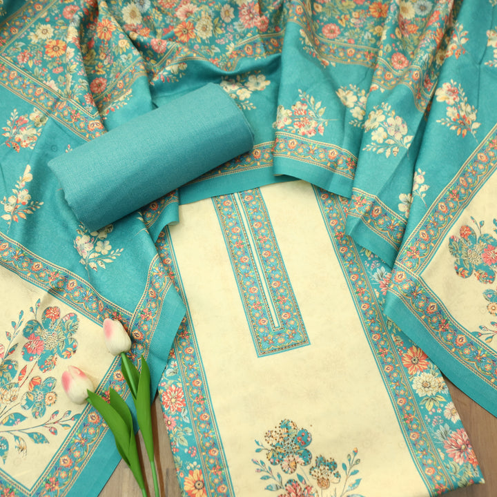 Mayuri Aqua Blue Panel Style Kashmiri Printed Semi Pashmina Winter Set