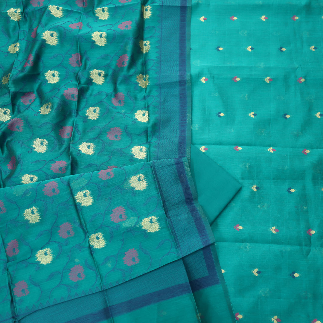 Dariya Cyan Teal Zari with Authentic Jamdani Weaved Buti Work Suit Set