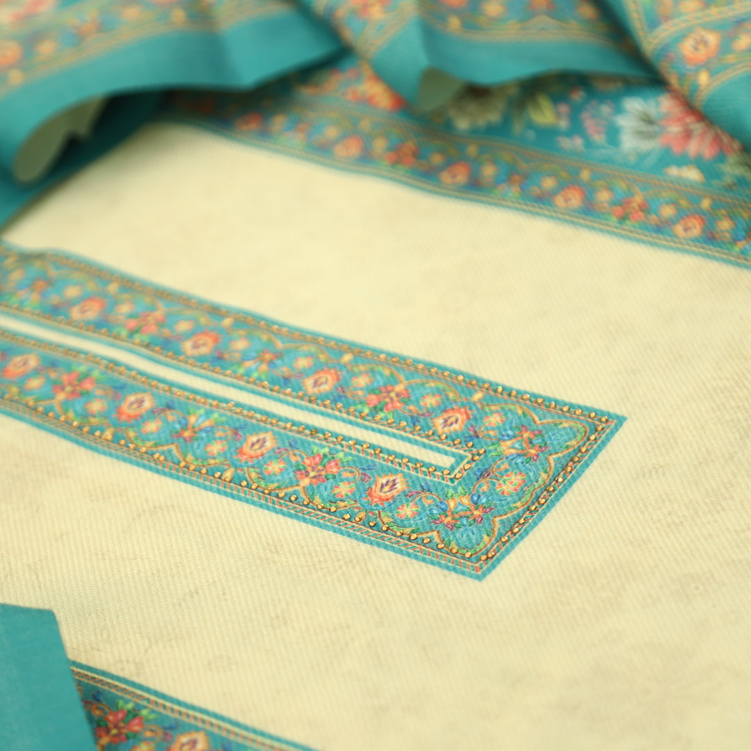 Mayuri Aqua Blue Panel Style Kashmiri Printed Semi Pashmina Winter Set