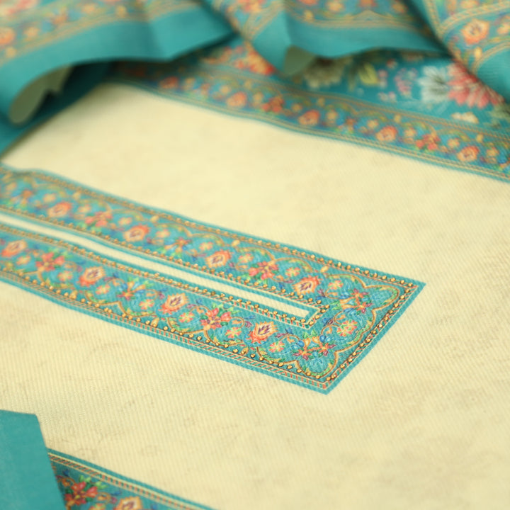 Mayuri Aqua Blue Panel Style Kashmiri Printed Semi Pashmina Winter Set