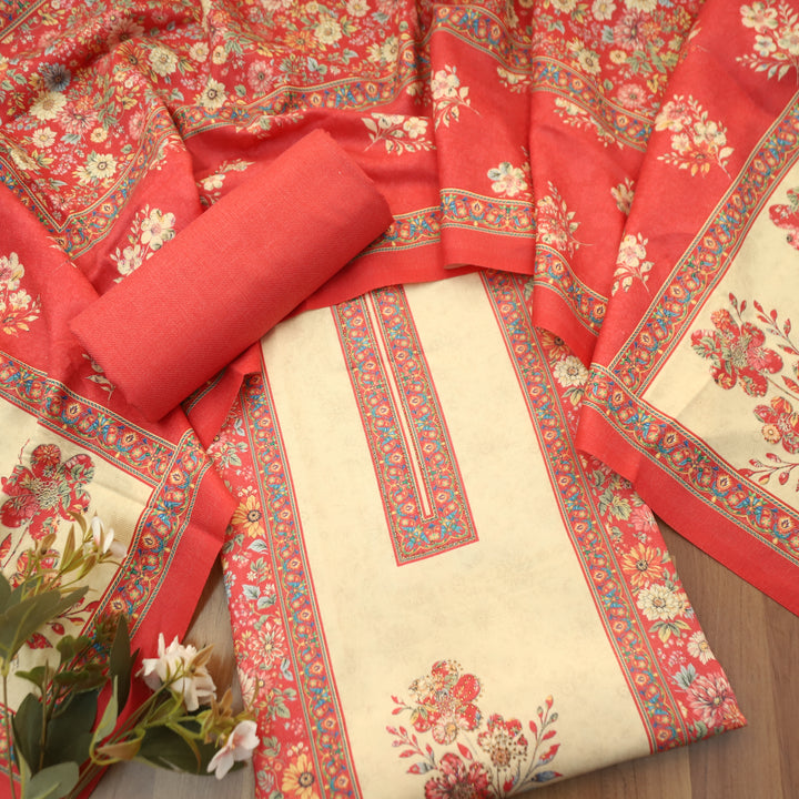Mayuri Coral Blush Panel Style Kashmiri Printed Semi Pashmina Winter Set