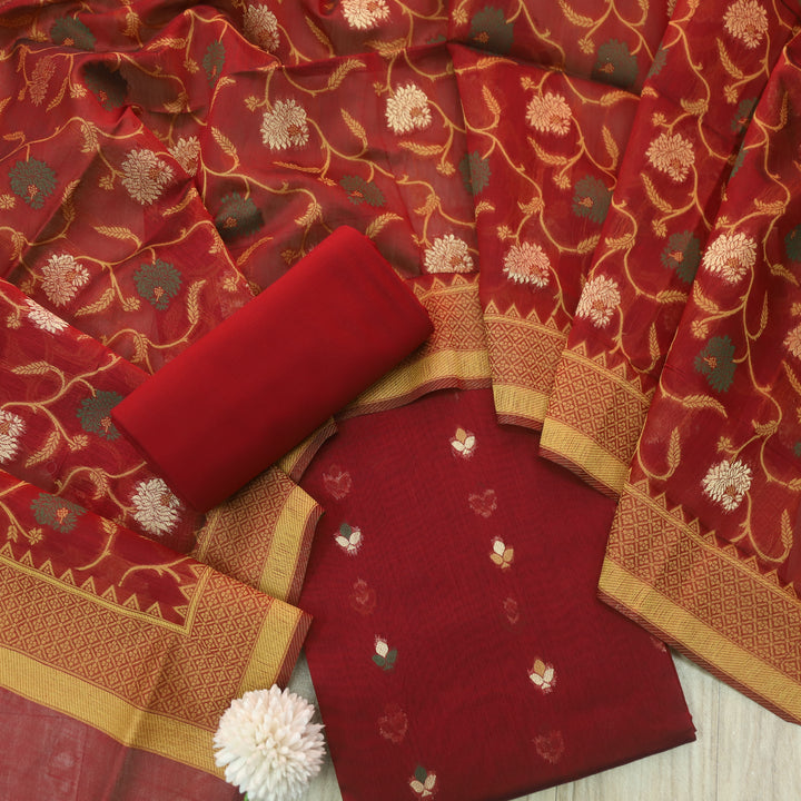 Dariya Rust Maroon Zari with Authentic Jamdani Weaved Buti Work Suit Set