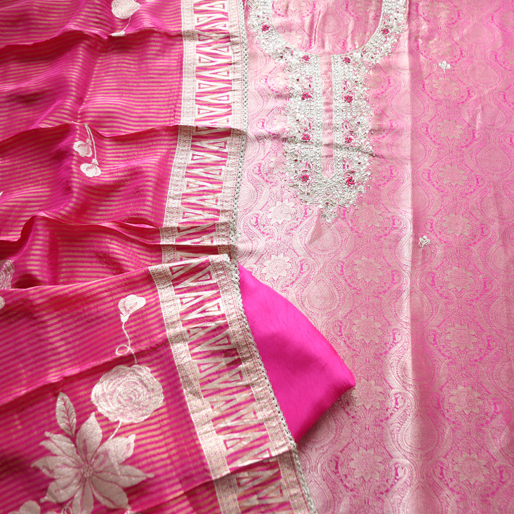 Rahira Rani Pink Embellished Neck with Jacquard Weaved Dola Silk Set