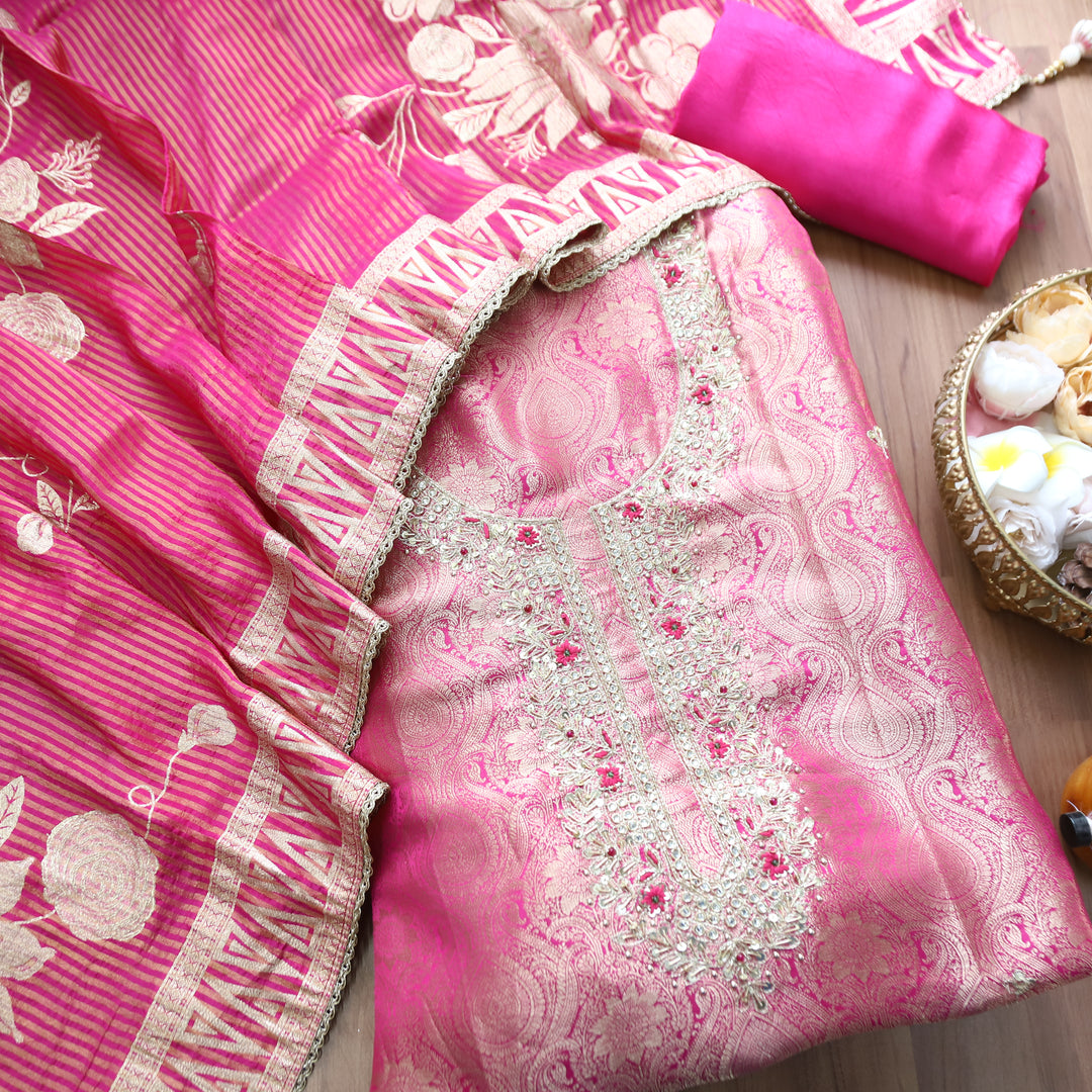 Rahira Rani Pink Embellished Neck with Jacquard Weaved Dola Silk Set