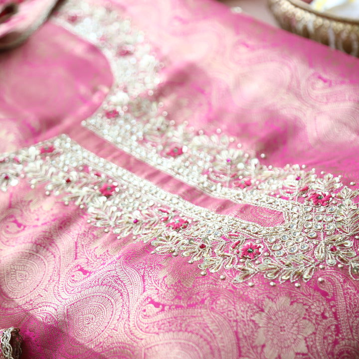 Rahira Rani Pink Embellished Neck with Jacquard Weaved Dola Silk Set