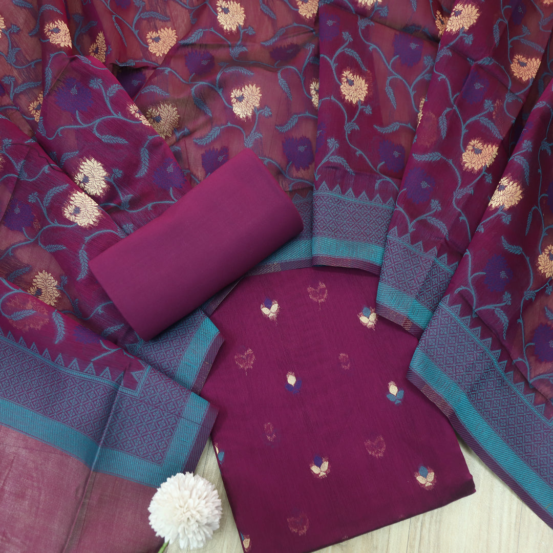 Dariya Wine Purple Zari with Authentic Jamdani Weaved Buti Work Suit Set