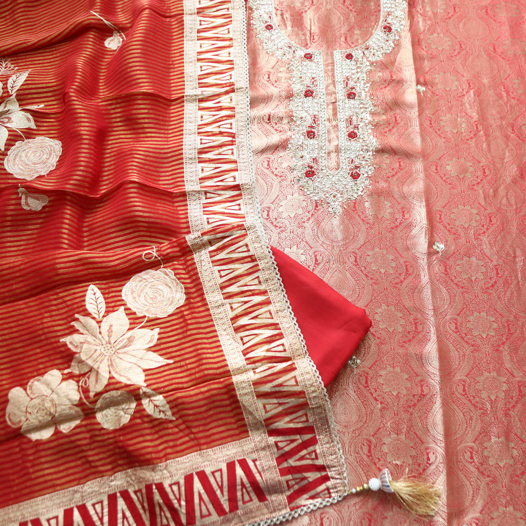Rahira Bride Red Embellished Neck with Jacquard Weaved Dola Silk Set