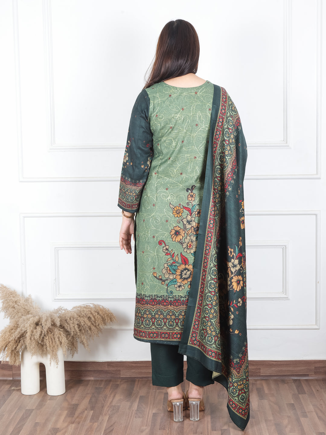Alisha Dark Green Digital Floral Printed with Thread Weaved Semi Pashmina 3 Piece Set