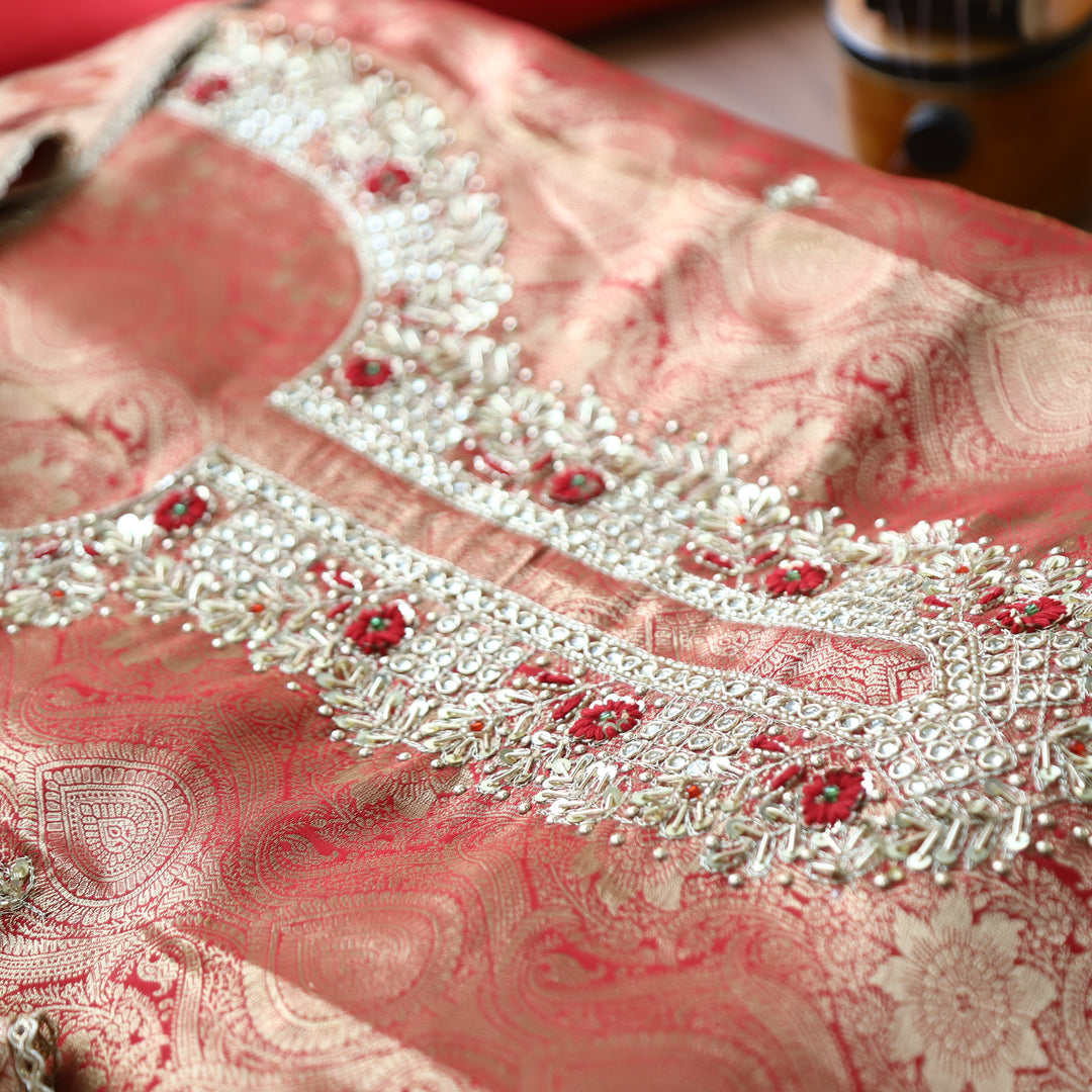 Rahira Bride Red Embellished Neck with Jacquard Weaved Dola Silk Set