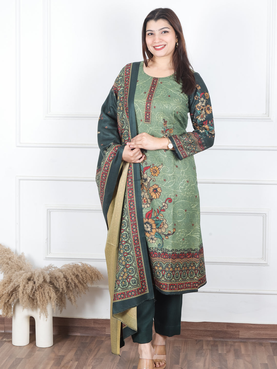Alisha Dark Green Digital Floral Printed with Thread Weaved Semi Pashmina 3 Piece Set