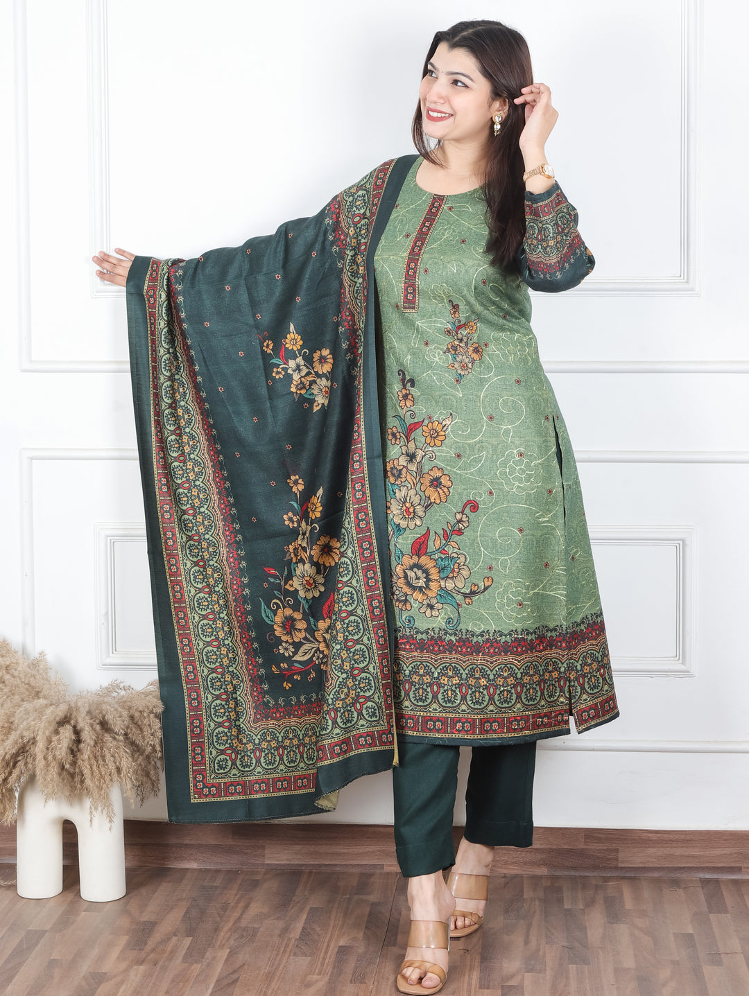 Alisha Dark Green Digital Floral Printed with Thread Weaved Semi Pashmina 3 Piece Set