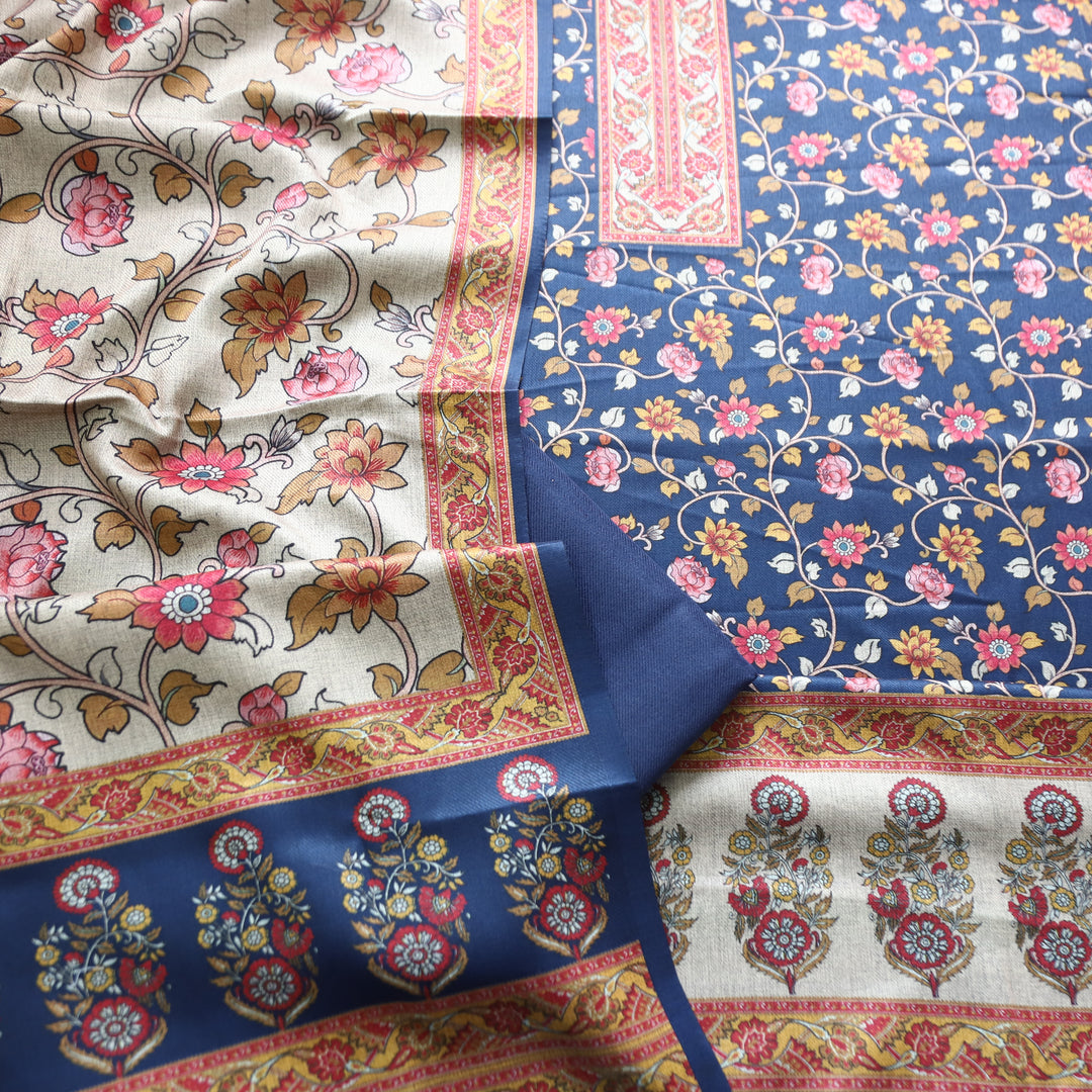 Kumani Royal Blue Digital Kashmiri Printed Semi Pashminna Winter Set
