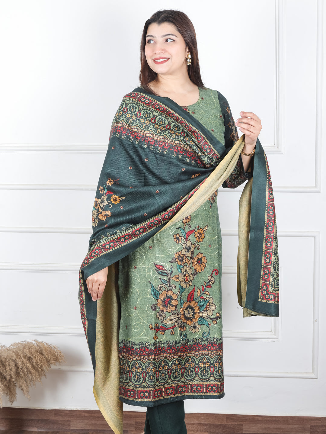 Alisha Dark Green Digital Floral Printed with Thread Weaved Semi Pashmina 3 Piece Set