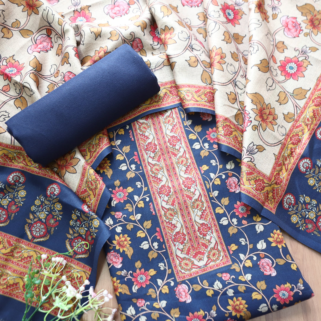Kumani Royal Blue Digital Kashmiri Printed Semi Pashminna Winter Set