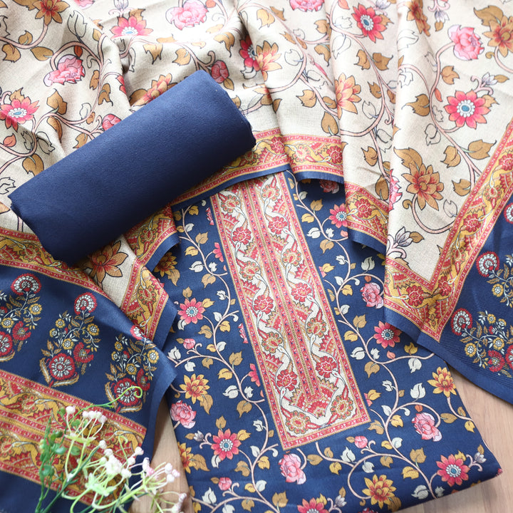 Kumani Royal Blue Digital Kashmiri Printed Semi Pashminna Winter Set