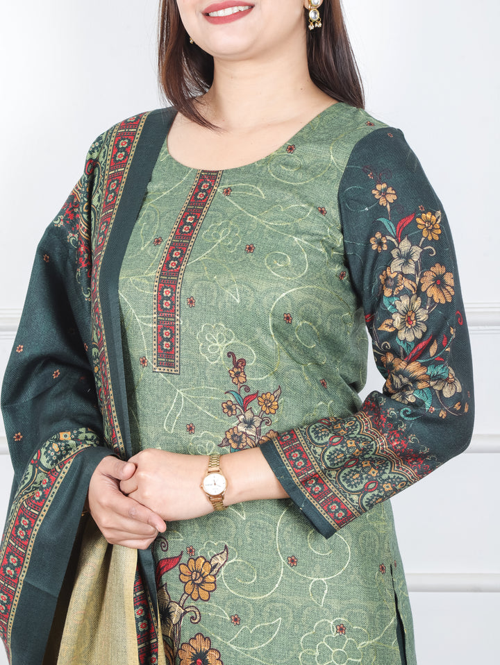 Alisha Dark Green Digital Floral Printed with Thread Weaved Semi Pashmina 3 Piece Set