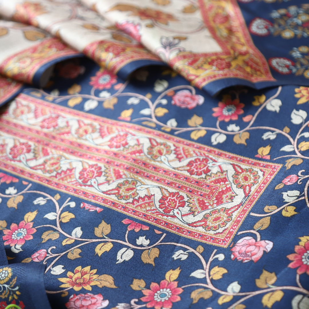Kumani Royal Blue Digital Kashmiri Printed Semi Pashminna Winter Set