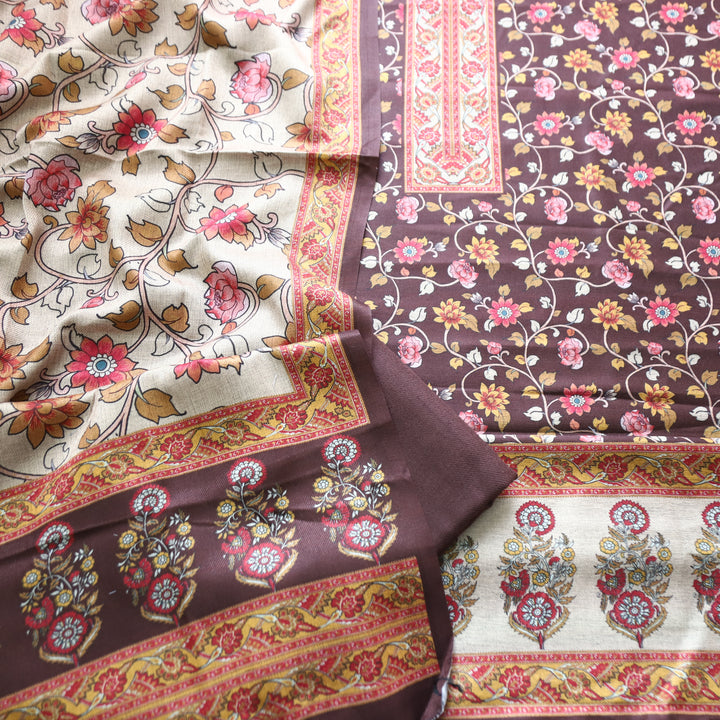 Kumani Choco Brown Digital Kashmiri Printed Semi Pashminna Winter Set