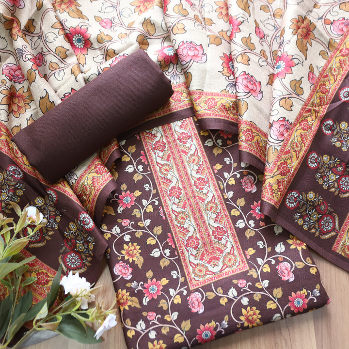 Kumani Choco Brown Digital Kashmiri Printed Semi Pashminna Winter Set