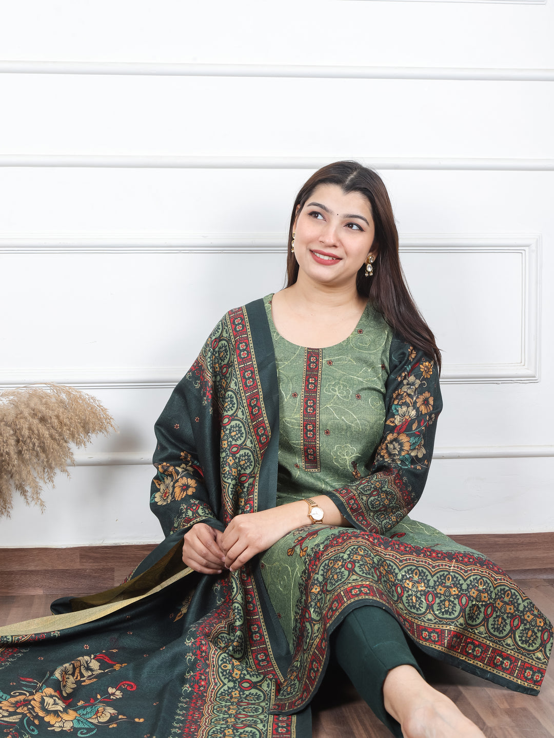 Alisha Dark Green Digital Floral Printed with Thread Weaved Semi Pashmina 3 Piece Set