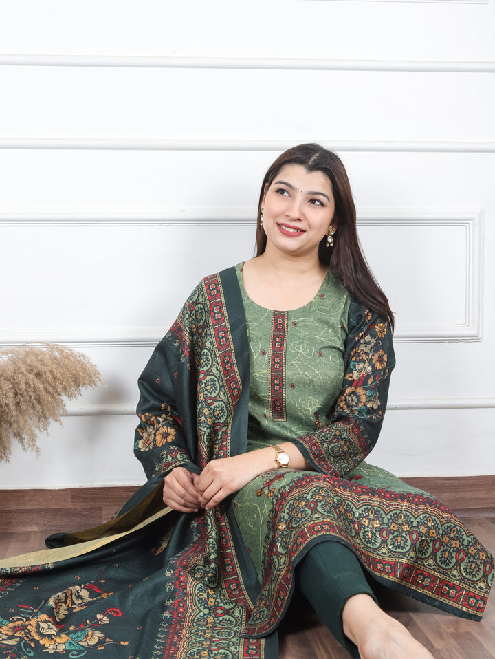 Alisha Dark Green Digital Floral Printed with Thread Weaved Semi Pashmina 3 Piece Set