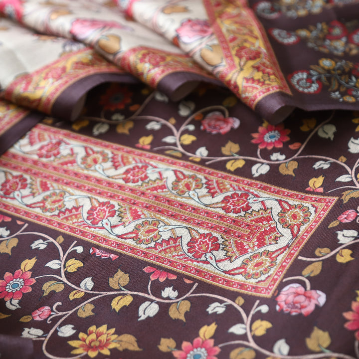 Kumani Choco Brown Digital Kashmiri Printed Semi Pashminna Winter Set