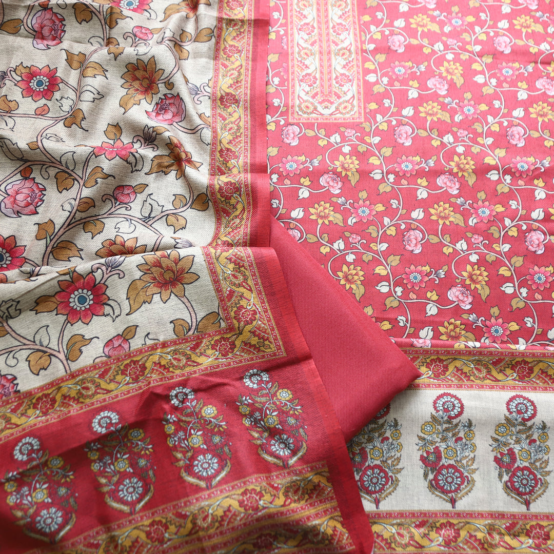 Kumani Berry Red Digital Kashmiri Printed Semi Pashminna Winter Set
