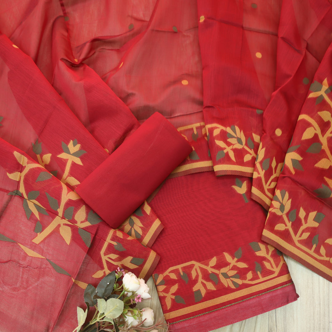 Surya Bride Red Authentic Floral Jamdani Weaved Suit Set