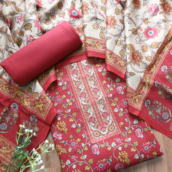 Kumani Berry Red Digital Kashmiri Printed Semi Pashminna Winter Set