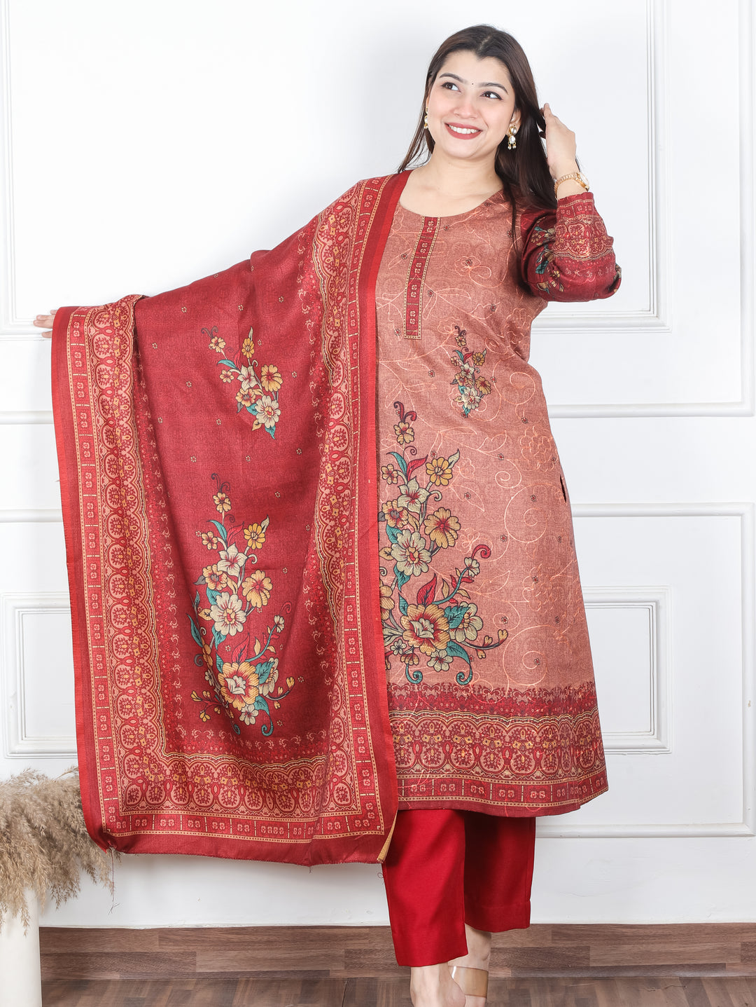 Alisha Bride Red Digital Floral Printed with Thread Weaved Semi Pashmina 3 Piece Set
