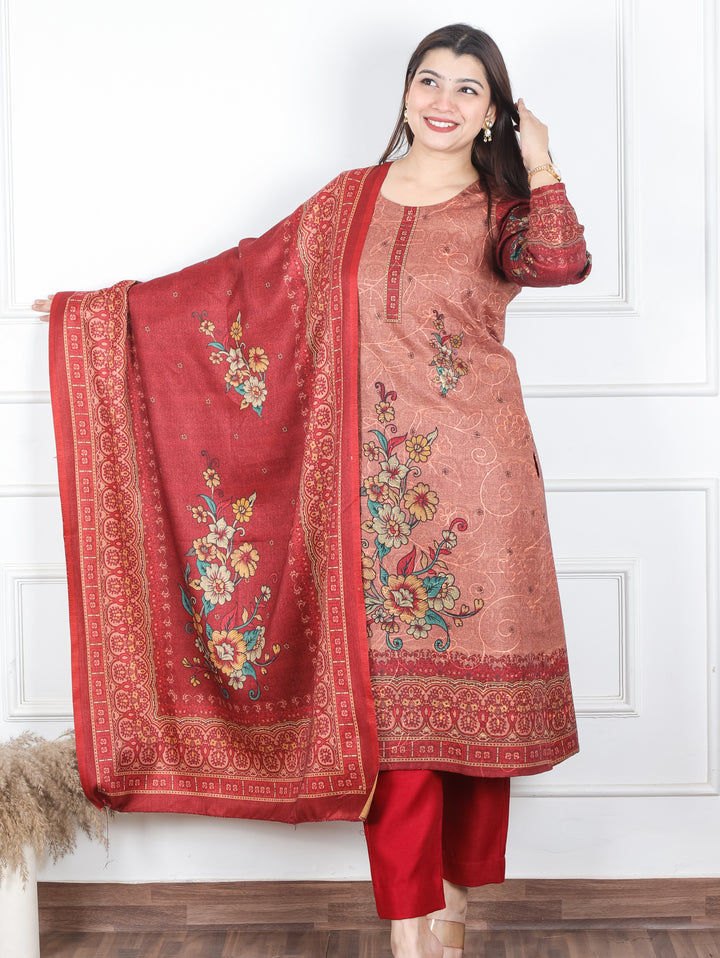 Alisha Bride Red Digital Floral Printed with Thread Weaved Semi Pashmina 3 Piece Set