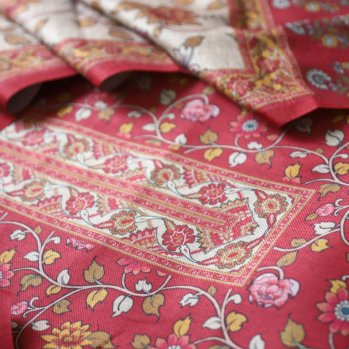 Kumani Berry Red Digital Kashmiri Printed Semi Pashminna Winter Set